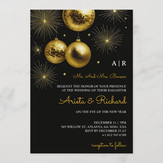 Black wedding invitation with gold text (Devant)