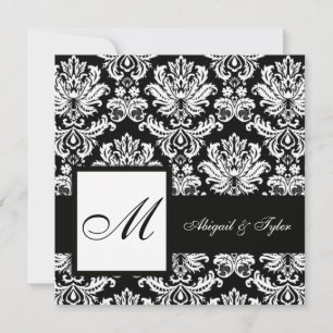 Black Wedding Monogram Damask Uitnodiging