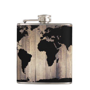 Black Wereldkaart Rustic Wood Planks Heupfles