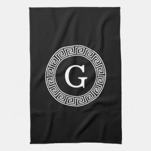 Black WhGreek Key Rnd Lijst Initiaal Monogram Theedoek