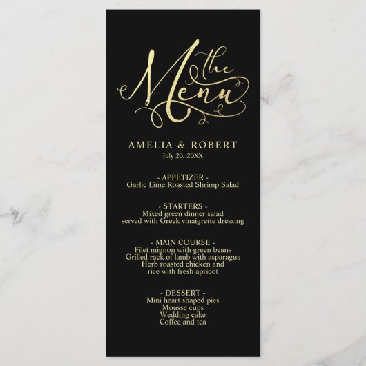 Black Whimsical Elegant Gold Calligraphy Menu (Voorkant)