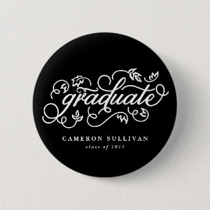 Black Whimsical Floral Script Afstuderen Button