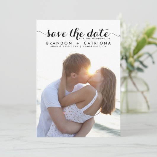 Black Whimsical Script Overlay-foto Save The Date (Staand voorkant)
