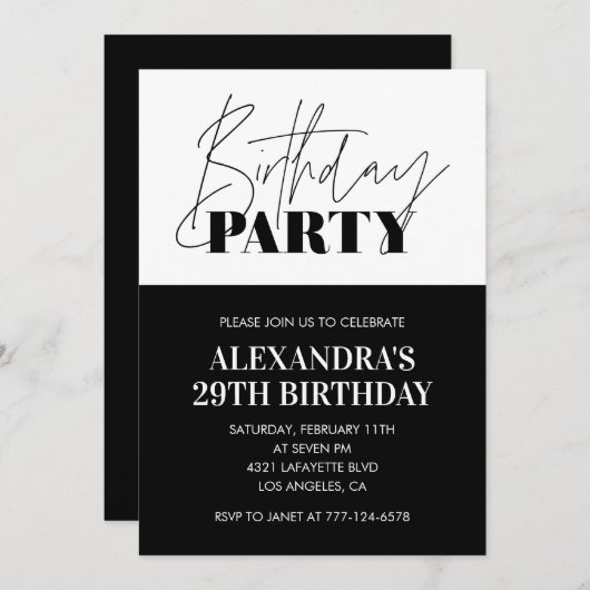 Black White 29e anniversaire invitations Fête (Devant / Derrière)
