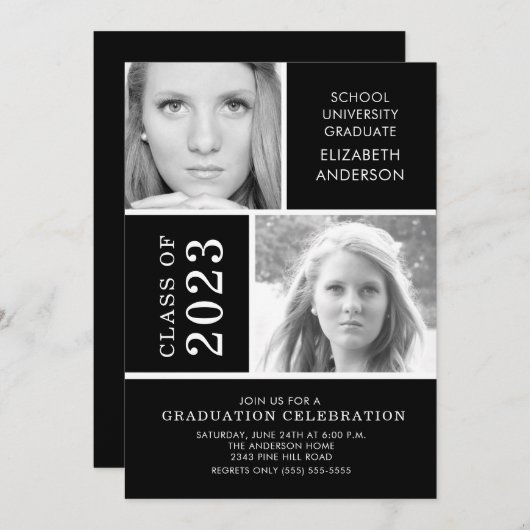 Black & White 2 Photo Graduation Invitation (Devant / Derrière)