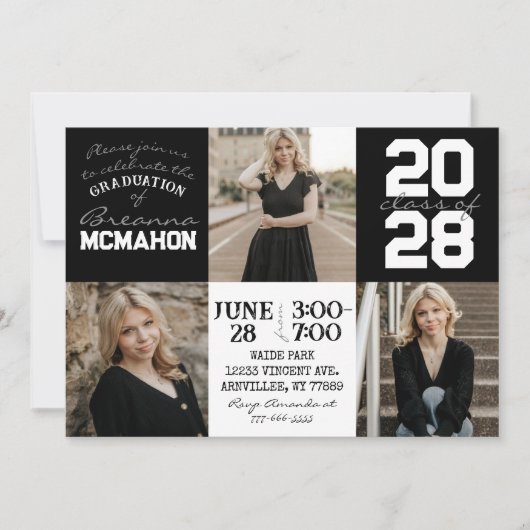 Black & White 3 Photo Graduation Invitation (Devant)
