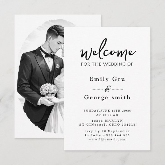 Black & White Anime Wedding Invitation (Devant / Derrière)