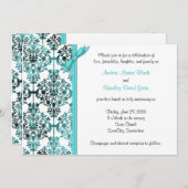 Black White Aqua Damask Floral Wedding Invitation Kaart (Voorkant / Achterkant)