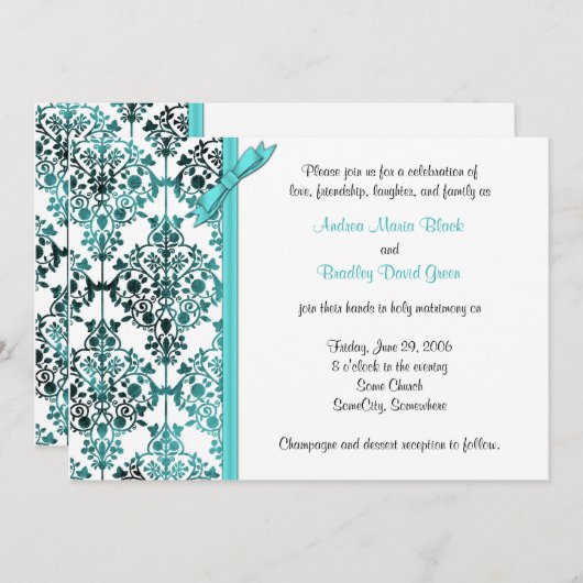 Black White Aqua Damask Floral Wedding Invitation Kaart (Voorkant / Achterkant)