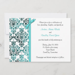 Black White Aqua Damask Floral Wedding Invitation Kaart