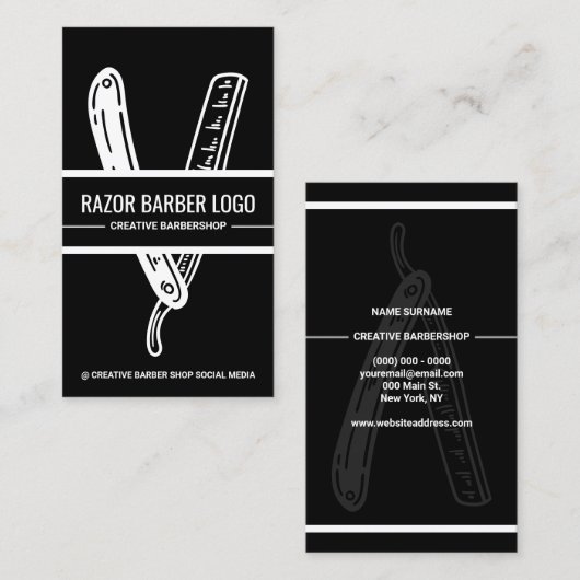 Black White Barber Shop Razor Visitekaartje (Voorkant / Achterkant)
