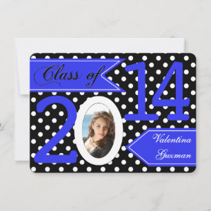Black White Blue Polka Dot Photo Afstuderen Invite Kaart