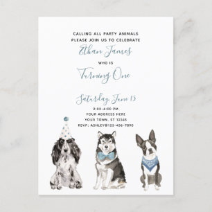 Black White Blue Script Boy's 1st Birthday Party Uitnodiging Briefkaart
