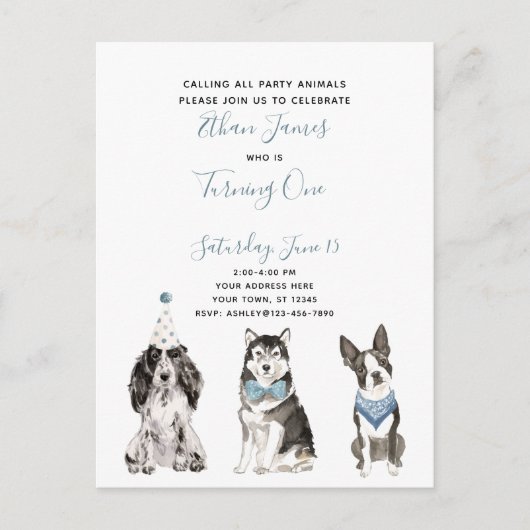 Black White Blue Script Boy's 1st Birthday Party Uitnodiging Briefkaart (Voorkant)