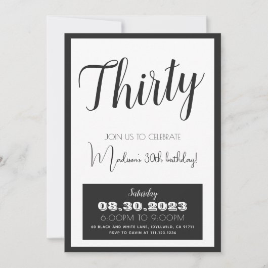 Black White Bold 30e anniversaire Invitation n'imp (Devant)