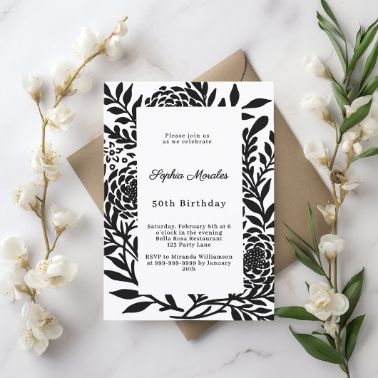 Black white botanical birthday kaart