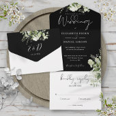 Black White Botanical Greenery Monogram Wedding All In One Uitnodiging
