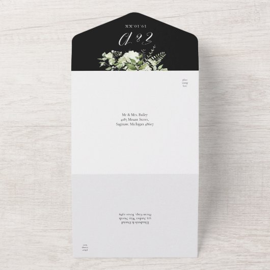 Black White Botanical Greenery Monogram Wedding All In One Uitnodiging (Buitenkant)