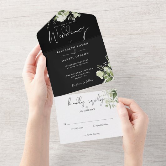 Black White Botanical Greenery Monogram Wedding All In One Uitnodiging (Afscheurbaar)