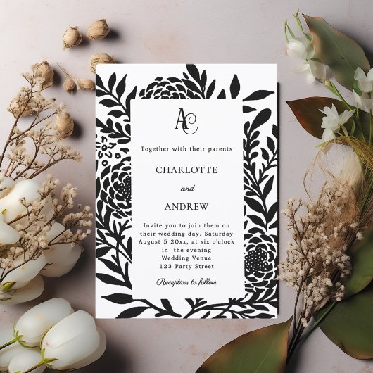 Black white botanical modern monogram wedding kaart