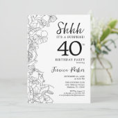 Black White Botanical Surprise 40th Birthday Kaart (Staand voorkant)