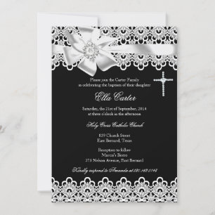Black White Bow & Lace Cross Baptism Uitnodiging