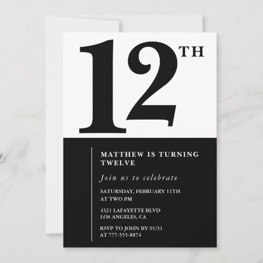 Black White Boy 12e anniversaire invitation Simple (Devant)