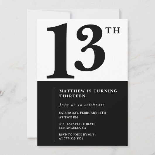 Black White Boy 13e anniversaire invitation Simple (Devant)
