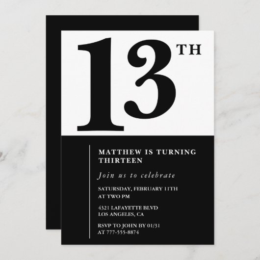 Black White Boy 13e anniversaire invitation Simple (Devant / Derrière)