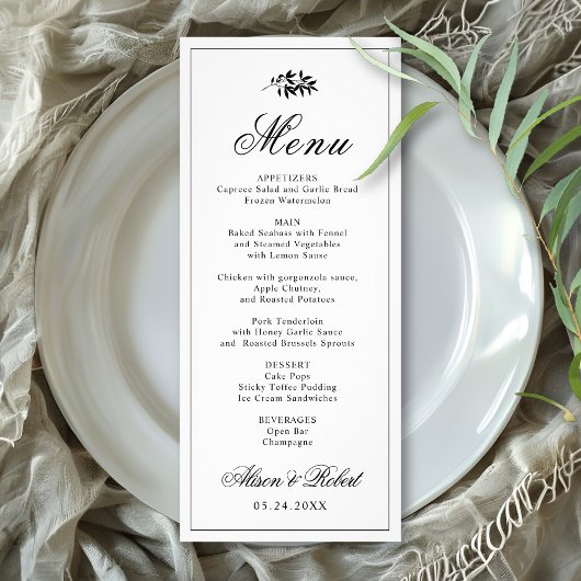 Black white branch Old Money wedding menu card