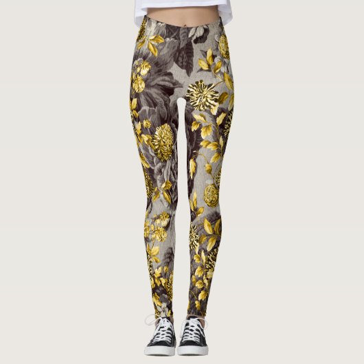 Black White Brown Tones Gold Floral Toile Leggings (Voorkant)