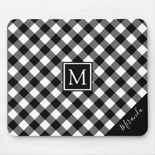 Black & White Buffalo Check Gepland Monogram Naam Muismat (Voorkant)