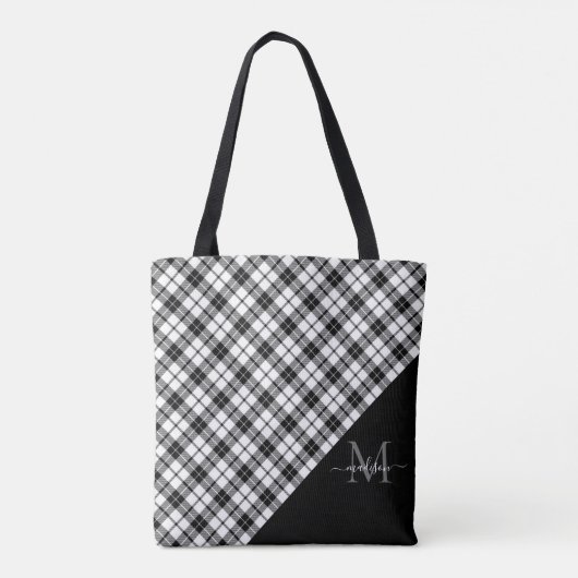 Black White Buffalo Check Plakt Elegant Monogram Draagtas (Achterkant)