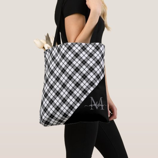 Black White Buffalo Check Plakt Elegant Monogram Draagtas (Dichtbij)
