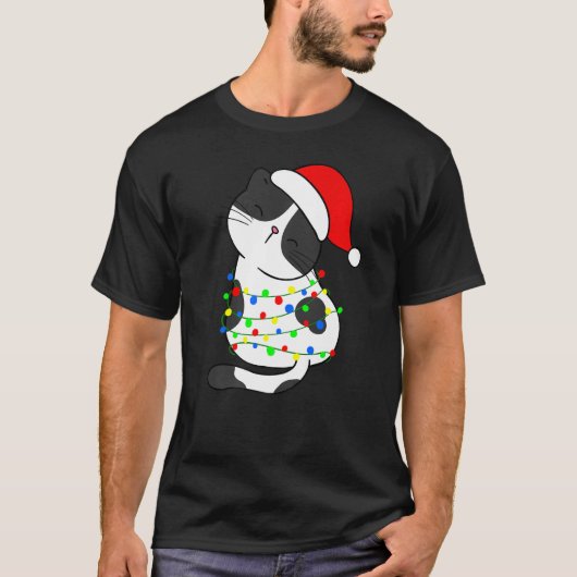Black White Cat Christmas Tree Lights Santa Hat Ca T-shirt (Voorkant)