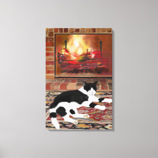 Black White Cat Lying front of Fireplace  Canvas Afdruk