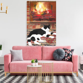 Black White Cat Lying front of Fireplace  Canvas Afdruk