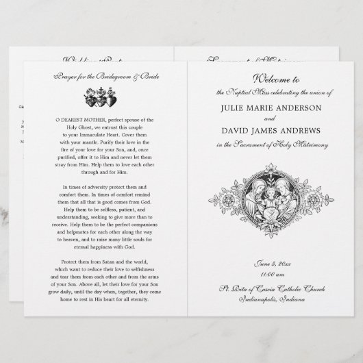 Black & White Catholic Mass Wedding Programme (Devant / Derrière)