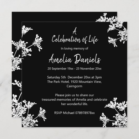 Black & White Celebration of Life Faire-part (Devant / Derrière)