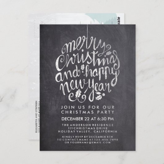 Black White Chalkboard Holly Merry Kerstparty Briefkaart (Voorkant / Achterkant)