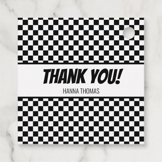 Black White Check Pattern Racing Theme Birthday Bedankjes Labels (Achterkant)