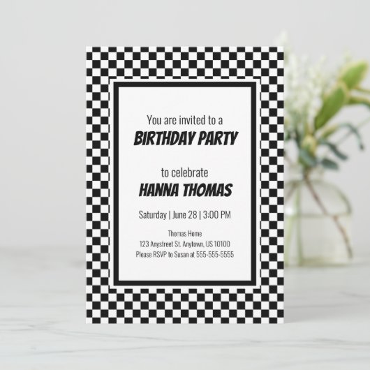Black White Check Pattern Racing Theme Birthday Kaart (Staand voorkant)