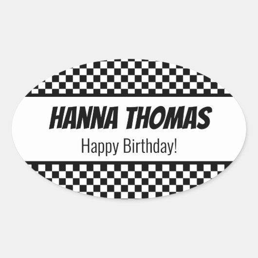 Black White Check Pattern Racing Theme Birthday Ovale Sticker (Voorkant)