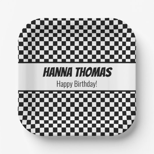 Black White Check Pattern Racing Theme Birthday Papieren Bordje (Voorkant)