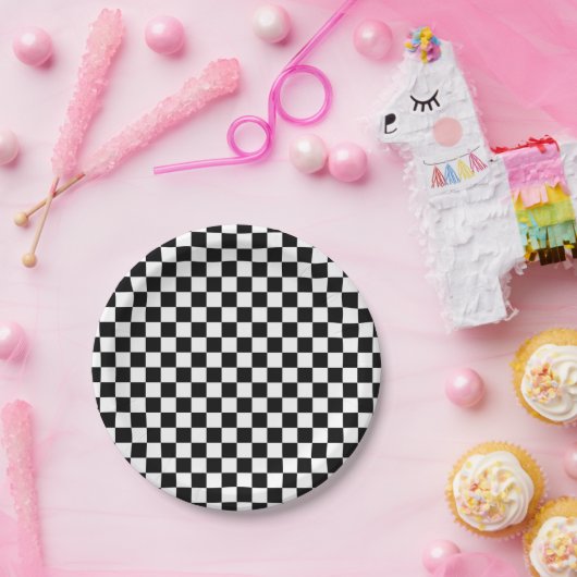 Black White Checker Pattern Papieren Bordje (Feest)