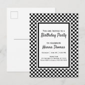 Black White Checkerboard Birthday Invitation Postc Uitnodiging Briefkaart (Voorkant / Achterkant)