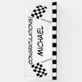Black White Checkered Flag Race Gefeliciteerd Spandoek (Verticaal)