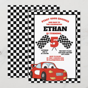 Black White Checkered Red Race Car Birthday Party Kaart