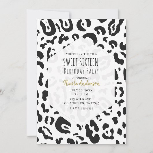Black & White Cheetah Leopard Sweet 16 Party Kaart (Voorkant)