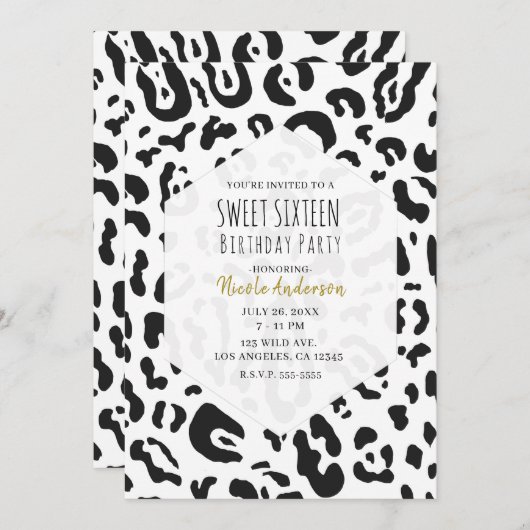 Black & White Cheetah Leopard Sweet 16 Party Kaart (Voorkant / Achterkant)